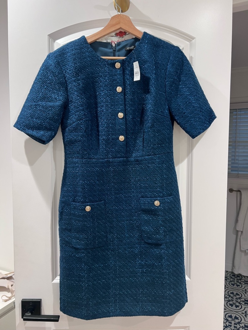 Ann Taylor Teal Tweed Short-Sleeve Midi Dress with Gold Buttons